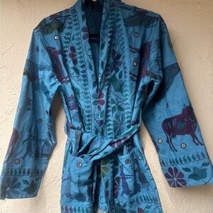 Embroidered Teal Folk-Print Belted Jacket